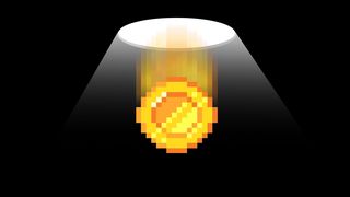 Pixelated gold coins fall through a hole above it and into the darkness below